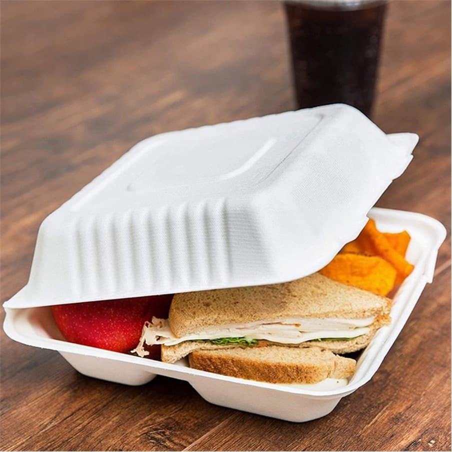 9" x 9" x 3" Sugarcane Bagasse 3-Compartment Clamshell Container