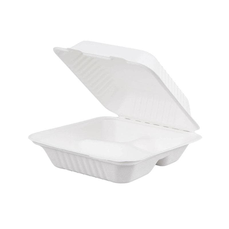 8" x 8" x 3" Sugarcane Bagasse Clamshell Container | Pack of 200
