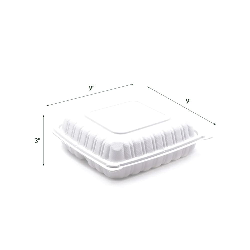 9x9x3" 3-Compartment Square PP Hinged Clamshell Containers | 150 Pcs - Image 3