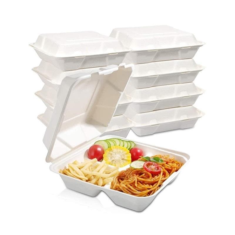 8" 3-Compartment Biodegradable Sugarcane Clamshell Box (1000ml) | Pack of 200 - Image 3